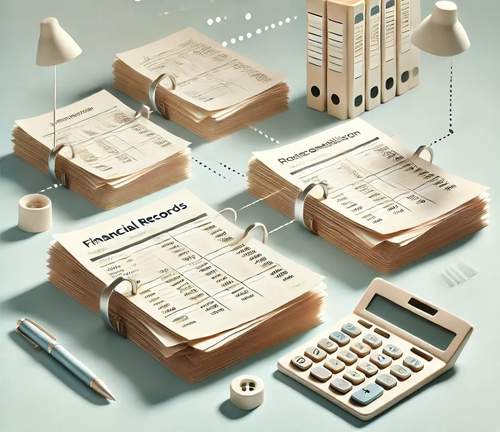 A creative 3D-styled illustration symbolizing the phrase 'Organize & Reconcile Your Financial Records.' The image shows a tidy, organized desk with files