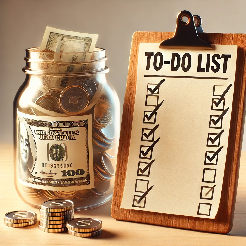 A creative 3D-styled illustration featuring a to-do list on a wooden desk next to a clear jar filled with coins and dollar bills, symbolizing financia